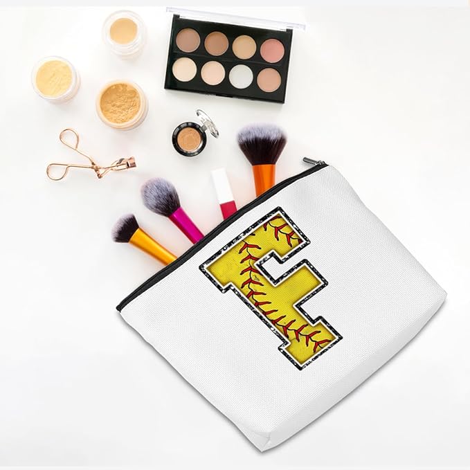 Initial Makeup Bag Monogrammed Cosmetic Bag Yellow Letter F Zipper Pouch Softball Accessories for Girls Women Player Coach Friend Graduation Birthday Gifts