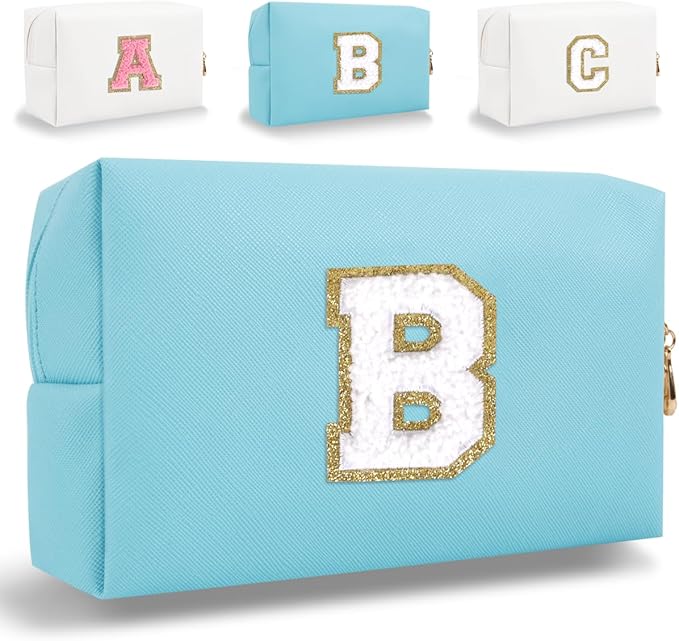 Small Personalized Letter Makeup Bag, Cute PU Leather Chenille Letters Cosmetic Bag Travel Makeup Pouch, Preppy Travel Organizer Zipper Pouch for Women&Girls（Blue-B）