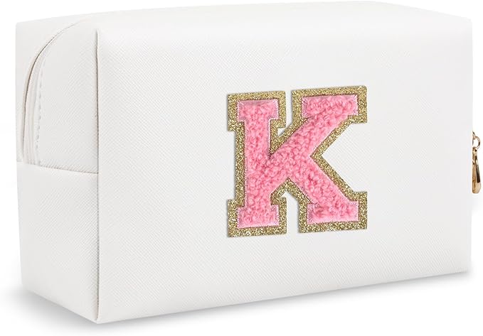 Personalized Small Preppy Makeup Bag, Chenille Letter White Initial Cosmetic Pouch Travel Toiletry Organizer, Waterproof PU Leather Makeup Storage Travel Essentials for Female Girl Teacher(Letter K)