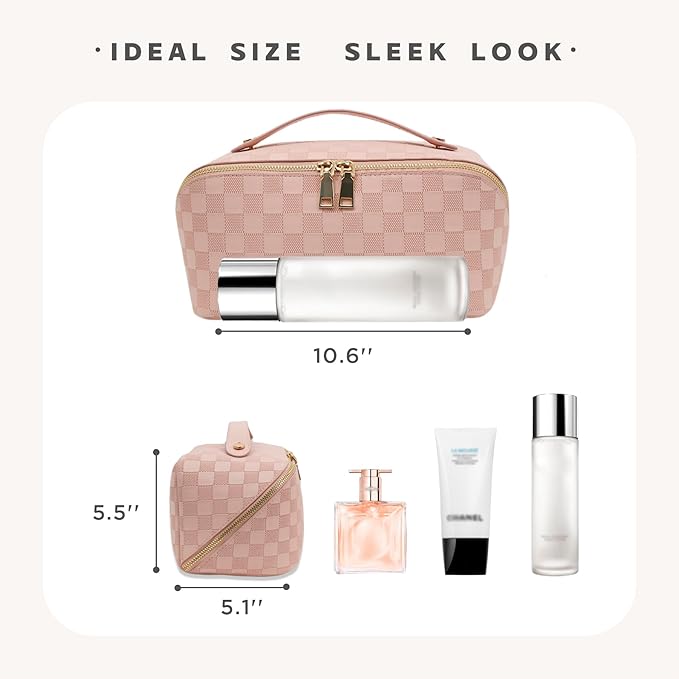 Travel Makeup Bag – Large Cosmetic Organizer with Waterproof PU Leather, Smooth Double Zipper & Tear-Resistant Lining, Toiletry Pouch for Women (Pink)