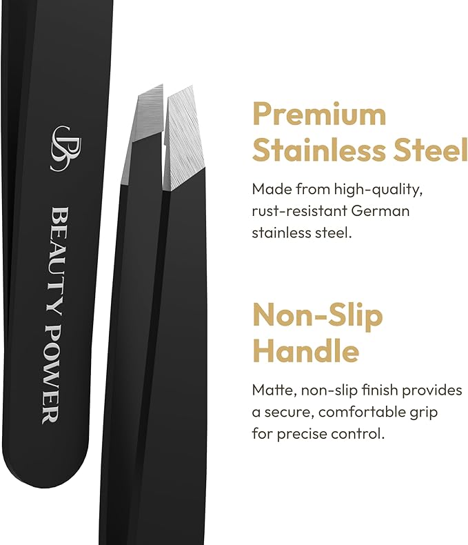 Professional Ultra-Precision Slant Tweezers for Women Facial Hair - German Stainless Steel, Tweezers for Men & Women, Black Eyebrow Tweezer for Ingrown Hair - Black