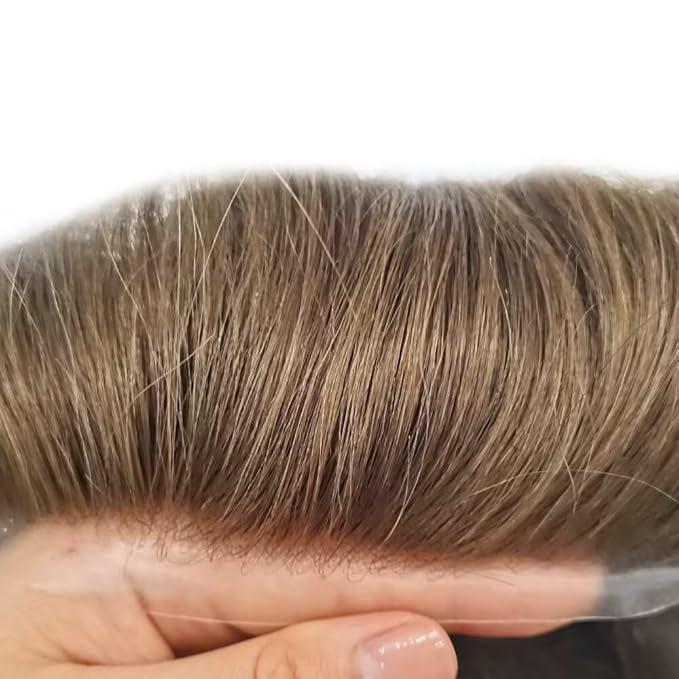 FACE MIRACLE Toupee for Men French Lace Hairpiece Human Hair Replacement System Skin PU Mens Toupee Hair Wigs for Man V-Looped Front Hair Prosthesis 7"X9" 17R#BROWN/BLONDE MIX WARM TONE