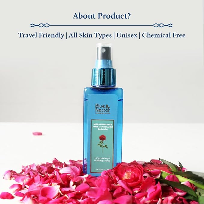 Blue Nectar Uplifting Body Mist with Himalyan Rose and Cardamom for long lasting freshness and aromatic body odor (3.4 Fl oz)