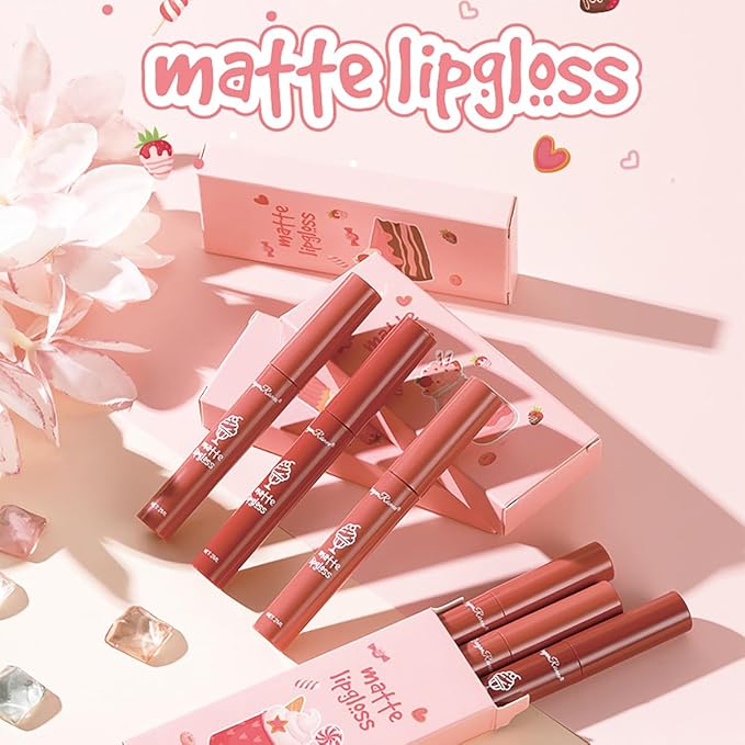 3Pcs Nude Matte Lipstick Set, Ice Cream Velvet Smooth Matte Lip Gloss, 24 Hour Natural Long Lasting & Nourishing Lip Glaze Non-stick Cup for Women Makeup (Set D)