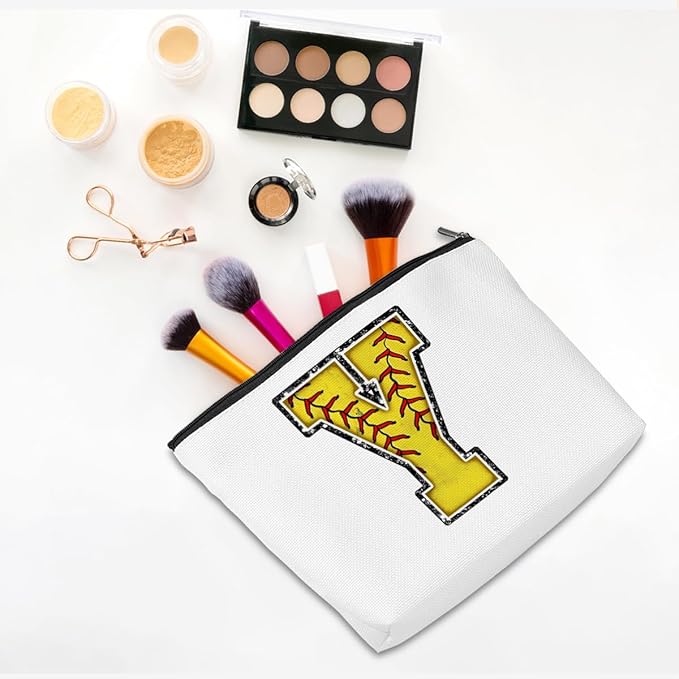 Initial Makeup Bag Monogrammed Cosmetic Bag Letter Y Zipper Pouch Softball Accessories for Girls Women Player Coach Friend Graduation Birthday Gifts