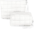 Richeart Makeup Bag Travel Toiletry Bag - Checkered Down Cotton Makeup Pouch for Women with Cosmetic and Pencil, Aesthetic White Design, 2 Pieces