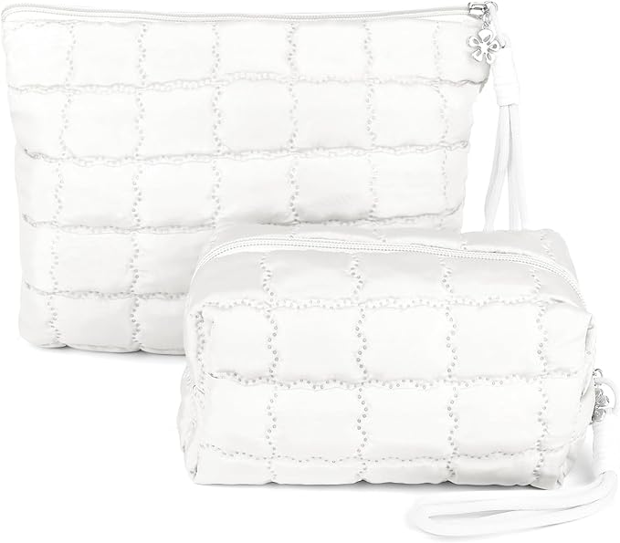 Richeart Makeup Bag Travel Toiletry Bag - Checkered Down Cotton Makeup Pouch for Women with Cosmetic and Pencil, Aesthetic White Design, 2 Pieces