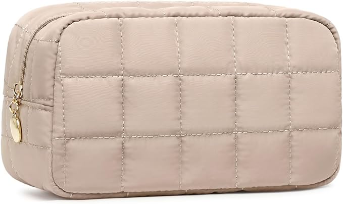 Makeup Bag for Women, Travel Cosmetic Bag Organizer with Compartments, Quilted Puffy Toiletry Pouch for Brushes, Essentials and Accessories, Camel