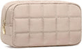 Makeup Bag for Women, Travel Cosmetic Bag Organizer with Compartments, Quilted Puffy Toiletry Pouch for Brushes, Essentials and Accessories, Camel