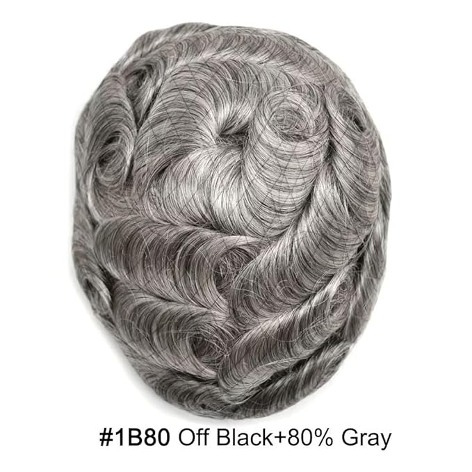 FACE MIRACLE Lace Front Mens Toupee Human Hair System Swiss Lace Center Toupee for Men Thin Skin PU Around Hair Replacement System V-Looped Mens Hair Wig Units 6"X9" #1B80 Off Black with 80% Gray