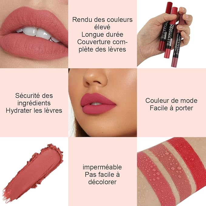 evpct 3Pcs Rub Red Rose Mauve Pink Matte Lipstick Lip Crayon Liner Pencil Pen Makeup Set Matte Lipstick and Lip Liner Set 24 Hour Waterproof labiales mate 24 horas originales 13&15&16