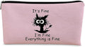 Black Cat Makeup Bag - Funny 'I'm Fine' Cosmetic Bag, Pink Zipper Travel Toiletry Bag for Cat Lovers, Teen Girls & Cat Owners Gifts