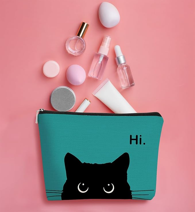 Cat Makeup Bag - Cute Cosmetic Pouch for Cat Lovers, Black Kitty Design, Hi Kitty Gift for Women (Bluish Blue, Beige)