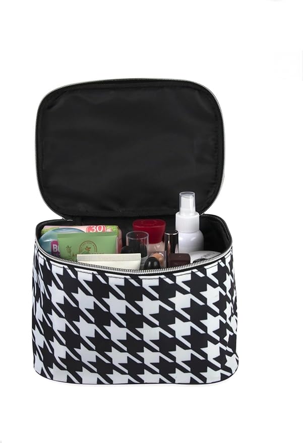 Cosmetic Bag, Travel Case, Makeup Bag, Houndstooth pattern, with Two-Way Zippers, Water Resistant, Fully Lined, 8.7 x 5.9 x 6 inches, Black and White