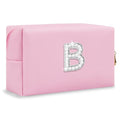 ChaoGreat Bride Gifts – Personalized Initial Makeup Bag with Pearl Rhinestone Patch, Preppy Pink Monogram Cosmetic/Toiletry Pouch, bridesmaid Gifts, Bridal Shower Gifts, Wedding Gifts, Bridal Gifts,B