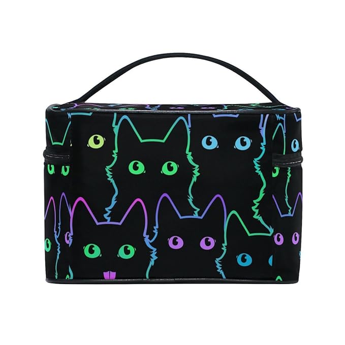 Cosmetic Bag Colorful Neon Cat Travel Makeup Organizer Bag Portable Train Case for Women Girls