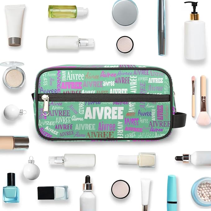 Custom Travel Cosmetic Bag with Name, Personalized Large Capacity Weekend Toiletry Bag Portable Bathroom Makeup Organizer, Light Green Solid Color