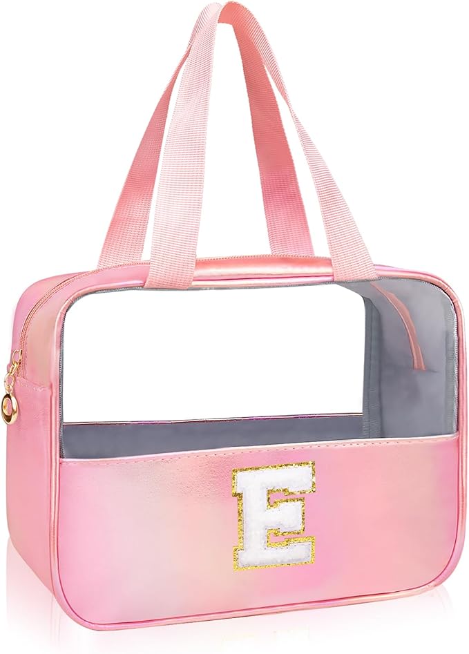 Personalized Initial Clear Makeup Bag Pink Cosmetic Bag Set Large Travel Toiletry Bag, Cute Clear Make Up Bags Organizer Bag for Girlfriend Teacher Gifts Teen Girl Gifts Trendy Stuff E (Pink)