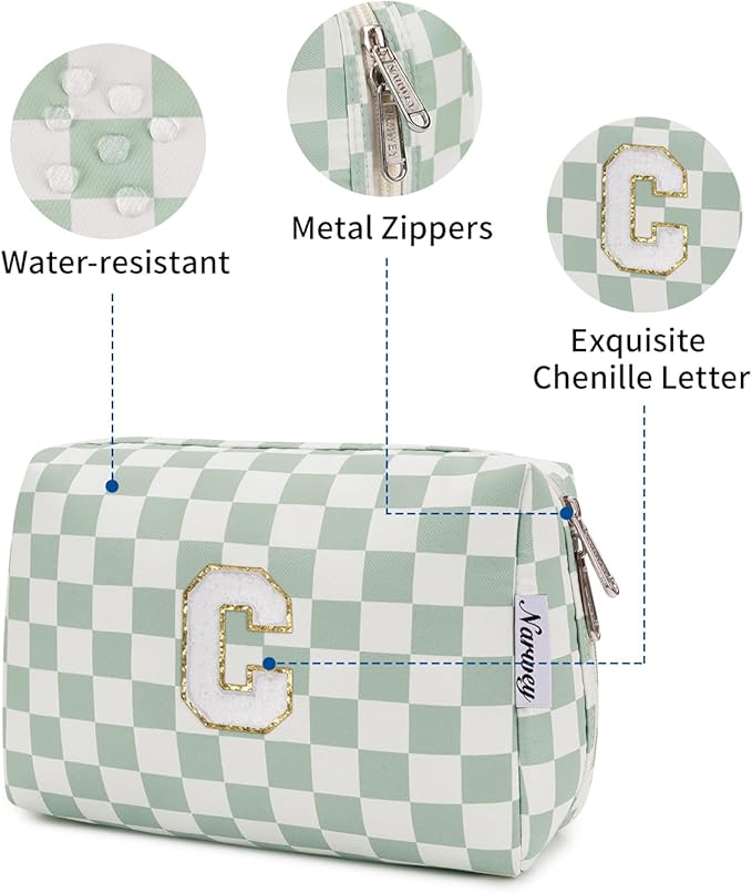 Narwey Birthday Gifts for Teen Girls Women Personalized Initial Checkered Makeup Bag Preppy Cosmetic Bag Trendy Stuff 6 8 10 11 12 13 14 16 18 Years Old Travel Toiletry Bag (Green Letter C)