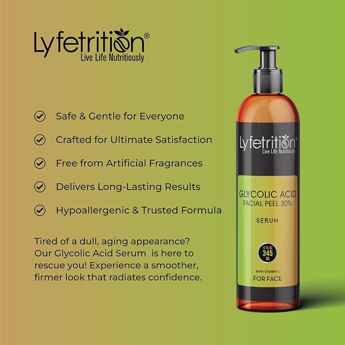 Lyfetrition Glycolic Acid/AHA 30% Renewal Serum, infused with Vitamins C & E for Skin Brightening, Exfoliating Serum Works for Dark Spots, Acne, and Reduces Fine Lines & Wrinkles - (12 Fl Oz)