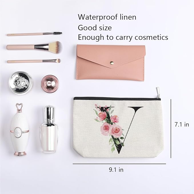 Initial Makeup Bag, Personalized Gifts for Women, Bridesmaid Gifts, Birthday Gifts for Women Mom, Gifts for Best Friend, Bride Bridesmaid Cosmetic bag (Letter V)