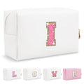 Small Personalized Initial A-Z Patch Makeup Bag,White Cute PU Leather Glitter Letter Cosmetic Bag for Teen Girls,Travel Toiletry Bag with Zipper,Preppy Monogrammed Birthday Gift for Daughter Niece I