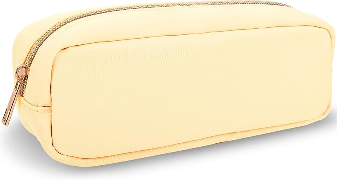 izuzta Nylon Small Makeup Bag Slim Pouch, Preppy Cute Makeup Brush Case Bag Cosmetic Zipper Pouch for Purse, Waterproof Travel Toiletry Bag Clutch Coin Pouch Makeup Organizer for Women Girls(Beige)