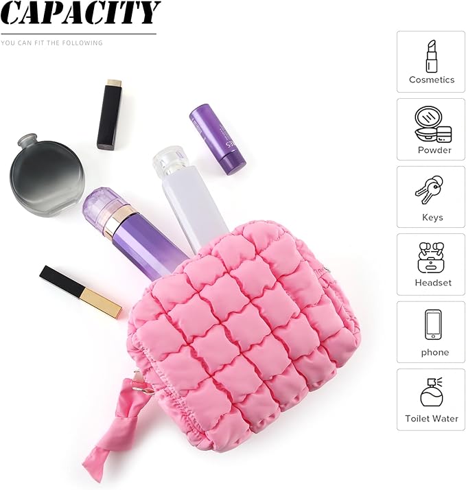 Puffy Quilted Makeup Bag Small Puffer Bag Cosmetic Bags Travel Toiletry Purse for Women, Cute Organizer Pouch, Black