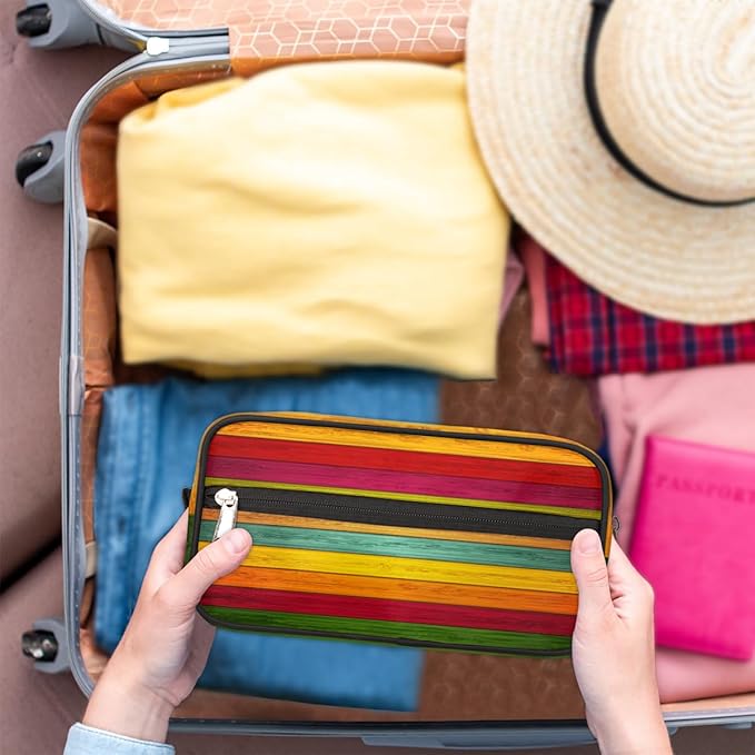 Rainbow Wood Texture Travel Toiletry Bag for Women Men Lightweight Cosmetic Makeup Bag Organizer Waterproof Shaving Bag Dopp Kit with Large Capacity for Toiletries and Shaving Accessories
