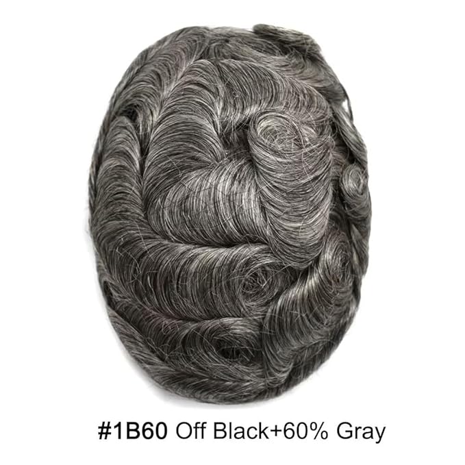 FACE MIRACLE Toupee for Men French Lace Mens Toupee Human Hair Replacement System Thin Skin Around Man Hairpieces V-Looped PU Front Hair Prosthesis 6"X9" #1B60 Off Black with 60% Gray