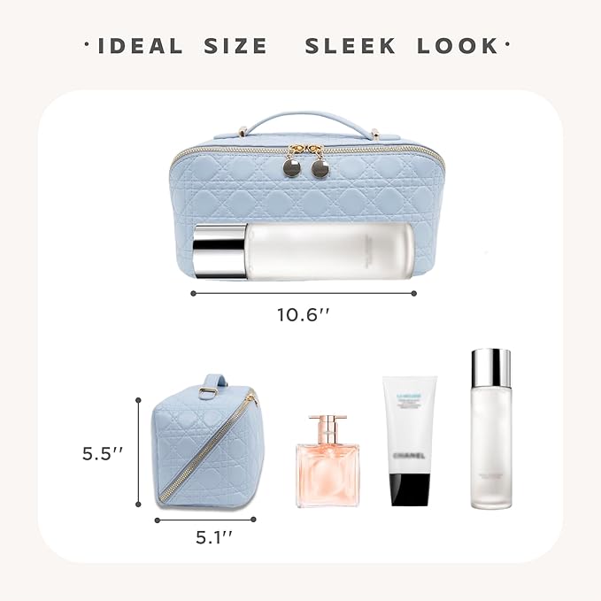 Travel Makeup Bag – Large Cosmetic Organizer with Waterproof PU Leather, Smooth Double Zipper & Tear-Resistant Lining, Toiletry Pouch for Women (Ice)