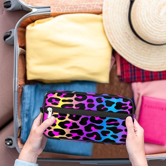 Rainbow Cheetah Leopard Print Travel Toiletry Bag for Women Men Lightweight Cosmetic Makeup Bag Organizer Waterproof Shaving Bag Dopp Kit with Large Capacity for Toiletries and Shaving Accessories