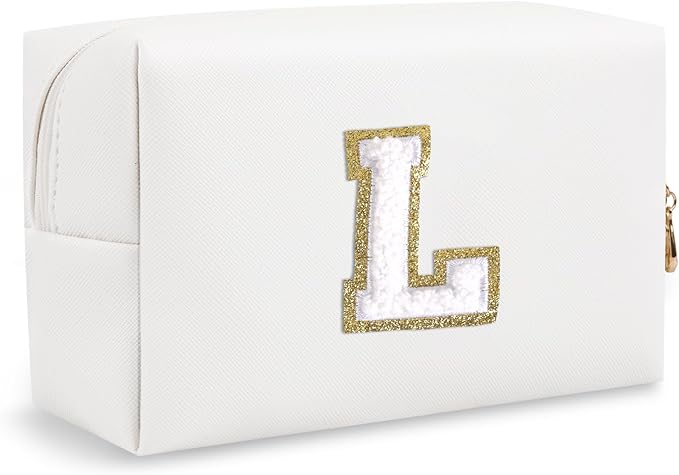 Personalized Initial Preppy Travel Makeup Bag Organizer, Small White Cute Cosmetic Bag Toiletry Zipper Pouch for Women, Portable Waterproof PU Makeup Case Birthday Gift for Female Women(Letter L)