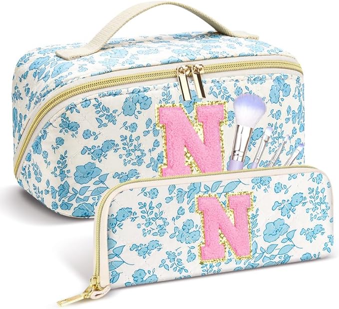 Personalized Travel Makeup Bag Set,Initial Travel Cute Floral Makeup Organizer Bag,Toiletry Skincare Cosmetic Bag,Christmas Gifts for Women/Girls,Open Flat Toiletry Pouch with Brush Pocket-N