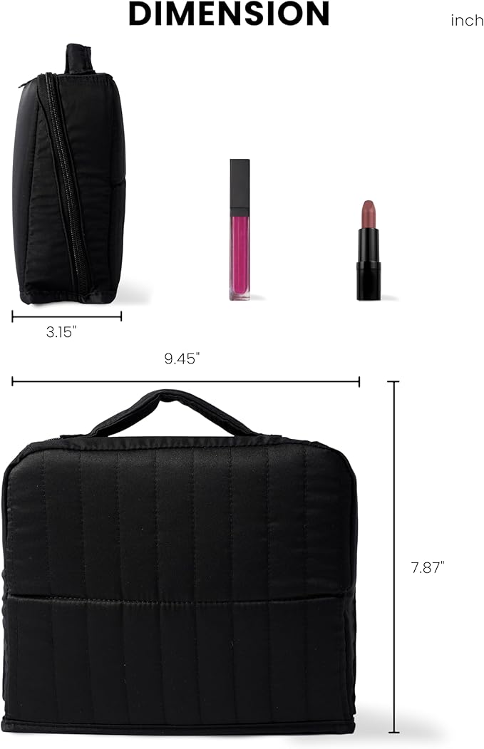 APT 1101 Standing Makeup Bag, Travel Makeup Organizer with Magnetic Fold-Down Design, Portable makeup Case with Compartments for Brushes & Tools (Black)