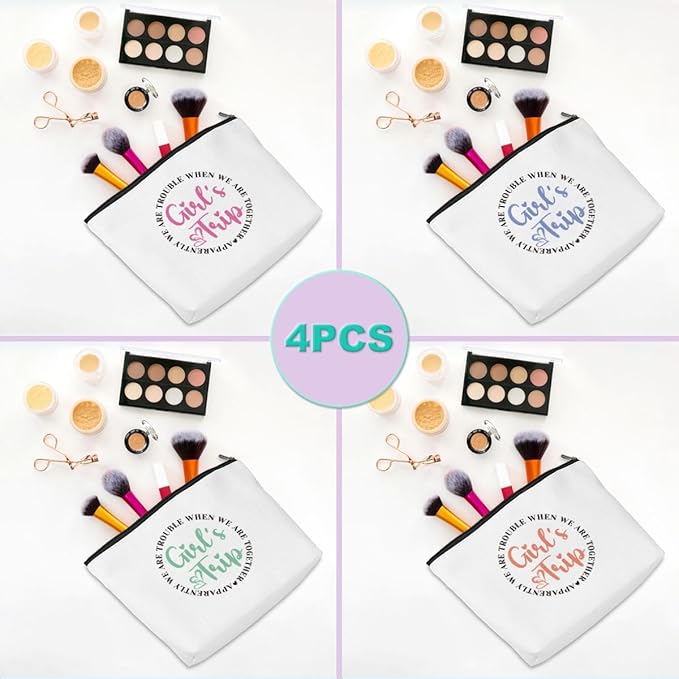 Girls Trip 2025 Makeup Bag - 4 Pcs Weekend Cosmetic Toiletry Zipper Pouch Weekender Bags for Women - Summer Favors, Friendship, Bachelorette Party, Birthday Gifts