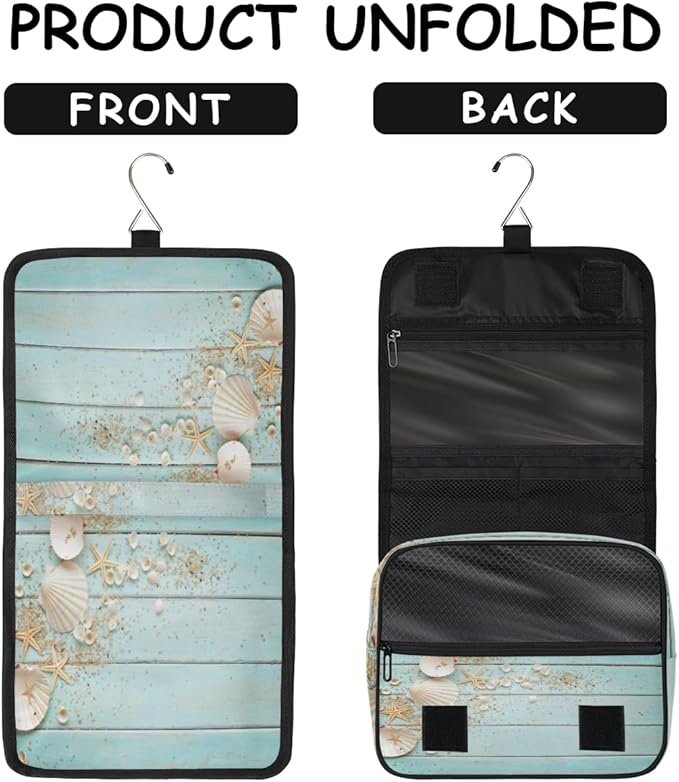 Hanging Travel Toiletry Bag for Women Men Teal Wooden Waterproof Makeup Bag Beach Starfish Portable Cosmetic Bag Travel Essentials for Traveling Accessories Toiletries Bathroom Shower