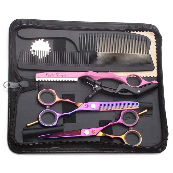Purple Dragon 5.5 inch Hair Cutting Scissors Set with Razor, Leather Scissors Case, Barber Hair Cutting Shears Hair Thinning/Texturizing Shears for Professional Hairdresser or Home Use (Multi-colored)