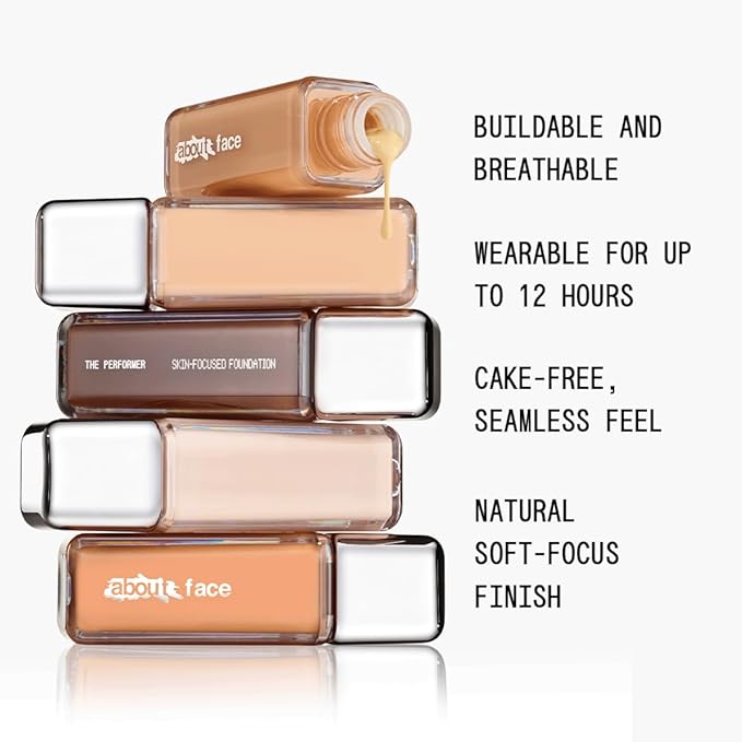 about-face THE PERFORMER Skin-Focused Foundation MD3Warm– Medium Coverage, Long-Wear, Breathable & Buildable Base – Clean, Vegan, Hydrating Formula with Blue Agave & Chlorella – 1.08oz