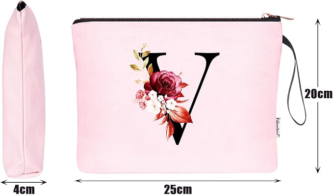 Vavabox A-Z Personalized Makeup Bag, Birthday Gifts for Women Mom, Gifts for Best Friend, Bride Bridesmaid Cosmetic bag (V, Pink)