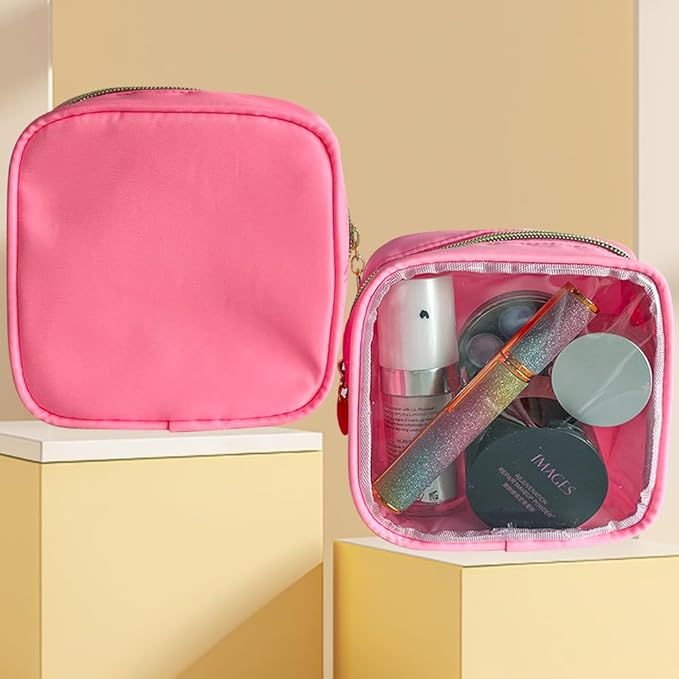 2PCS Pink clear Cosmetic Pouch Travel Cosmetic Case 5x5x2 inch Small Transparent Toiletry Pouch with Zipper Portabble Makeup Organizer for Women and Essentials