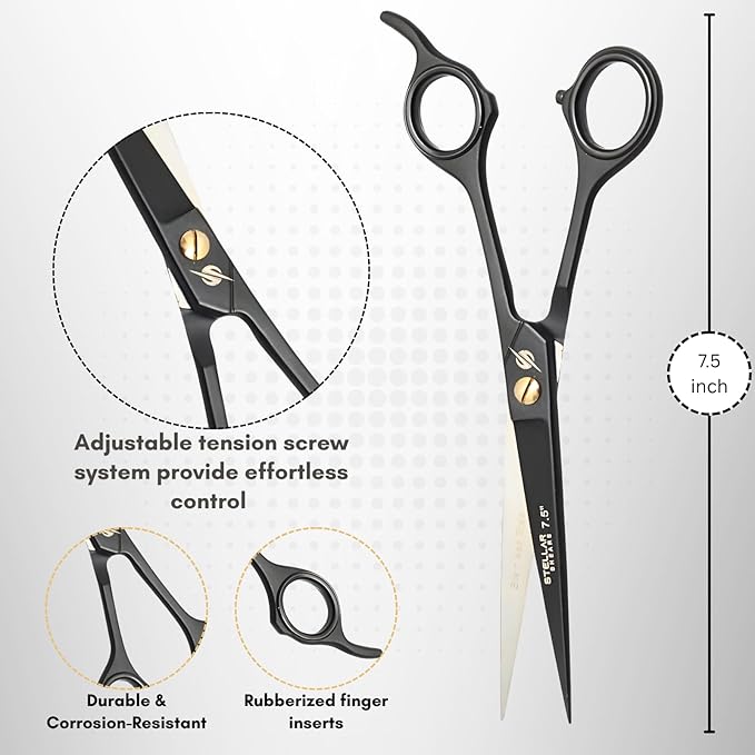 Professional Hair Cutting Scissors 7.5” – Premium Japanese Stainless Steel Barber Shears for Men, Women, Kids & Pets – Precision Haircut Scissors for Salon & Home Use – Black