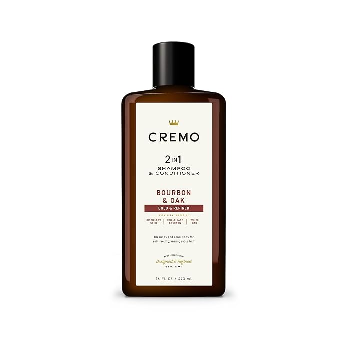 Cremo Bourbon & Oak 2-in-1 Shampoo & Conditioner, Barber Grade Quality That Moisturizes and Cleanses All Hair Types, 16 Fluid Ounce