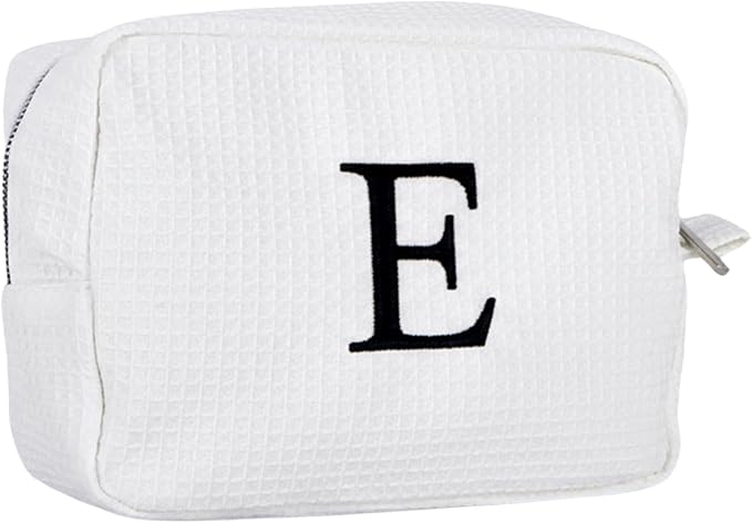Personalized White Waffle Makeup Bag,Custom Embroidered Initial Cosmetic Pouch for Women,Monogrammed Cosmetic Case,Bridesmaid Gifts (E)
