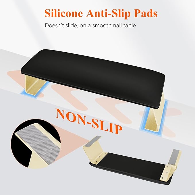 Erasable Arm Rest for Nails Tech, Luxury Nail Arm Rest Black Manicure Hand Rest for Nails Tech with Non-Slip Aluminum Alloy Legs, Cleanable Technology Leather