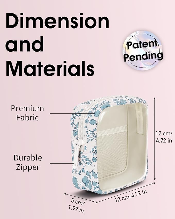 Wandering Nature Clear Makeup Bag for Purse Mini Make up Bag Cute Cosmetic Pouch for Women with Slip-in Pockets Travel Toiletry Essentials Organizer Pouch,Blue Flower