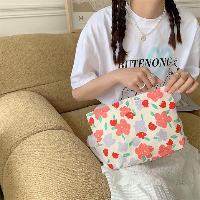 Floral Makeup Bag Large Cotton Zipper Pouch for Purse Travel Canvas Make Up Organizer for Women Cosmetic,Flower Pink