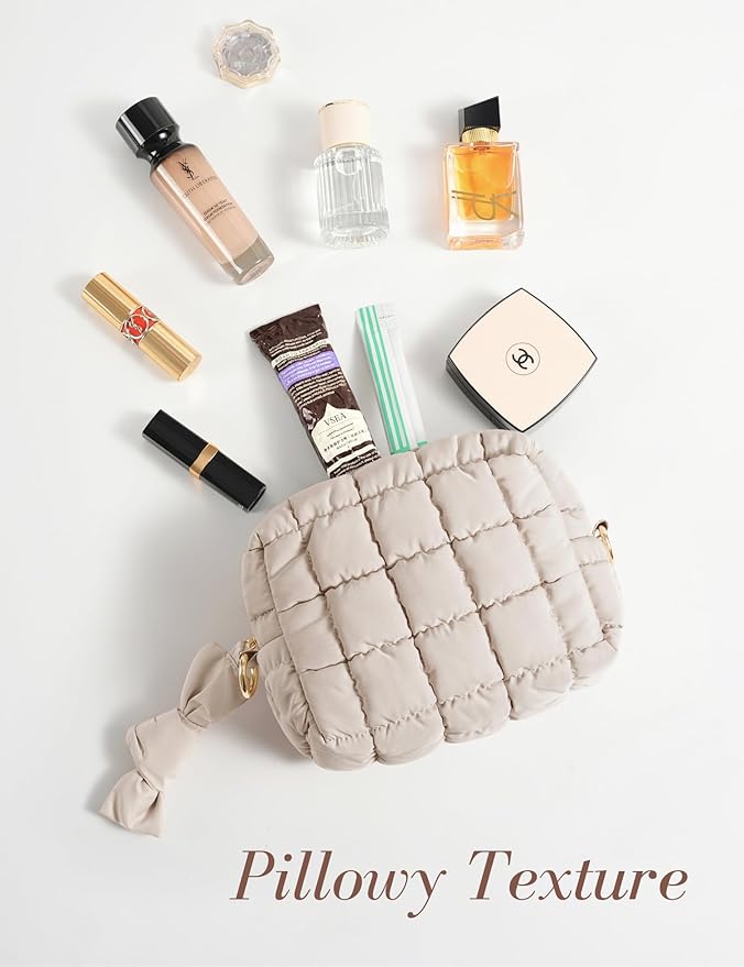 Yarnic Quilted Makeup Bag Cosmetic Bag, Travel Toiletry Bag for Women, Cute Makeup Bag Organizer Puffer Makeup Pouch (S, Beige)