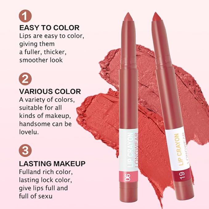 BINGBRUSH Matte Lip Crayon Set – Longwear, Waterproof, Velvet Finish, Built-in Sharpener, Smooth Lip Liner & Gloss (06#+19#, 2 Count (Pack of 1))