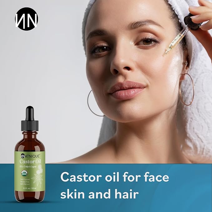 Natnique Castor Oil 2oz – USDA Certified Organic, 100% Pure Cold Pressed Unrefined Oil for Hair Growth, Eyelashes, Eyebrows & Scalp – Natural Skin Moisturizer, Lash Serum & Hair Treatment